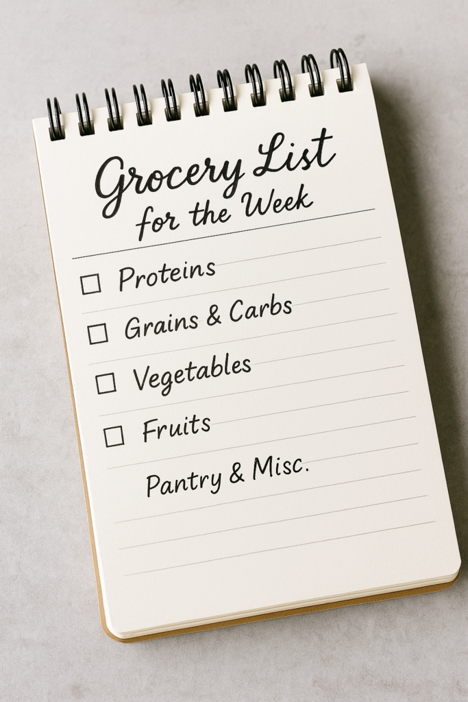 a notebook with a list of food